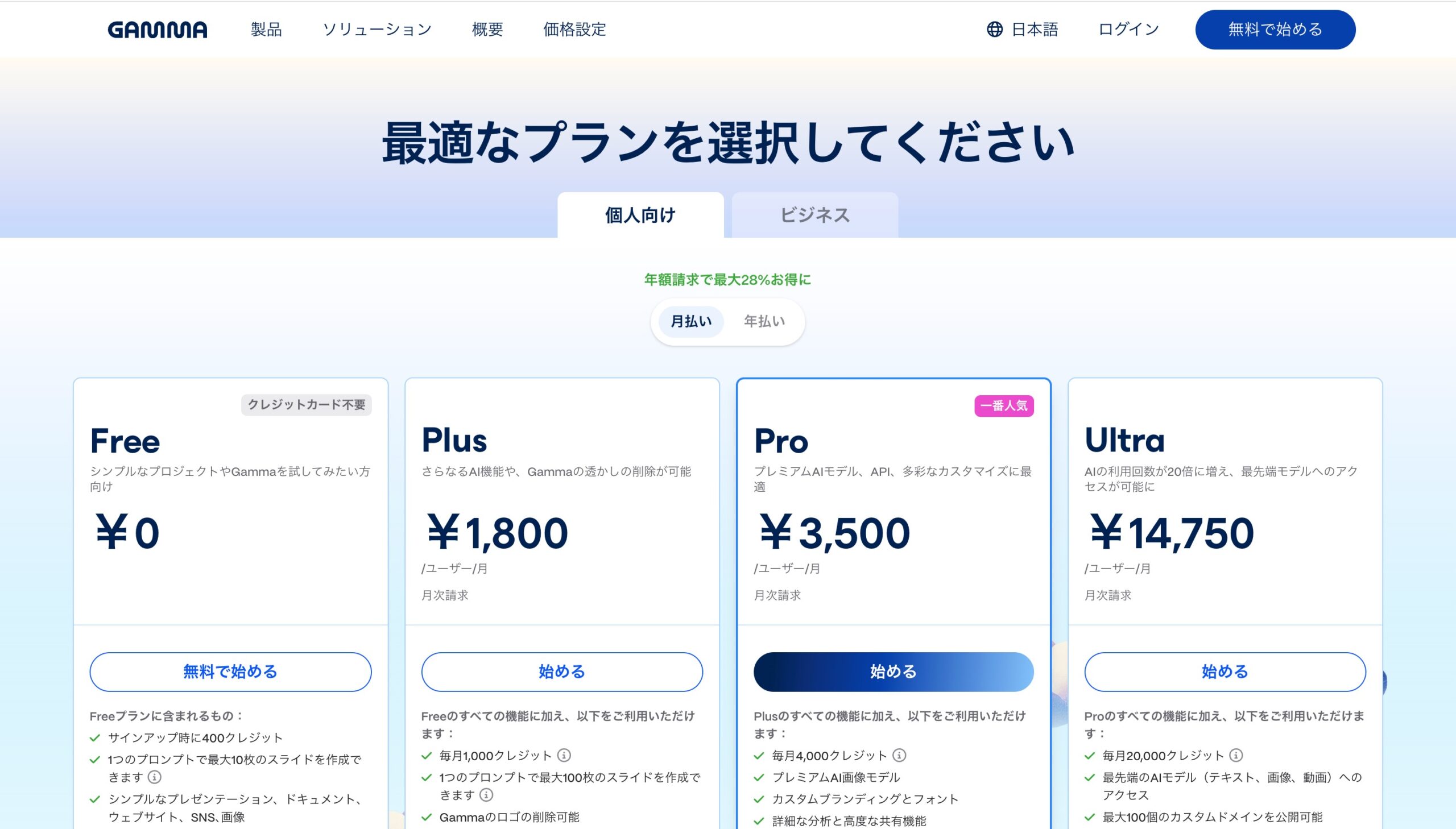 Gamma公式料金ページ