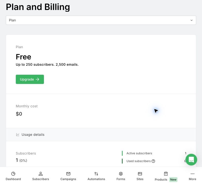 MailerLiteのPlan and Billing画面