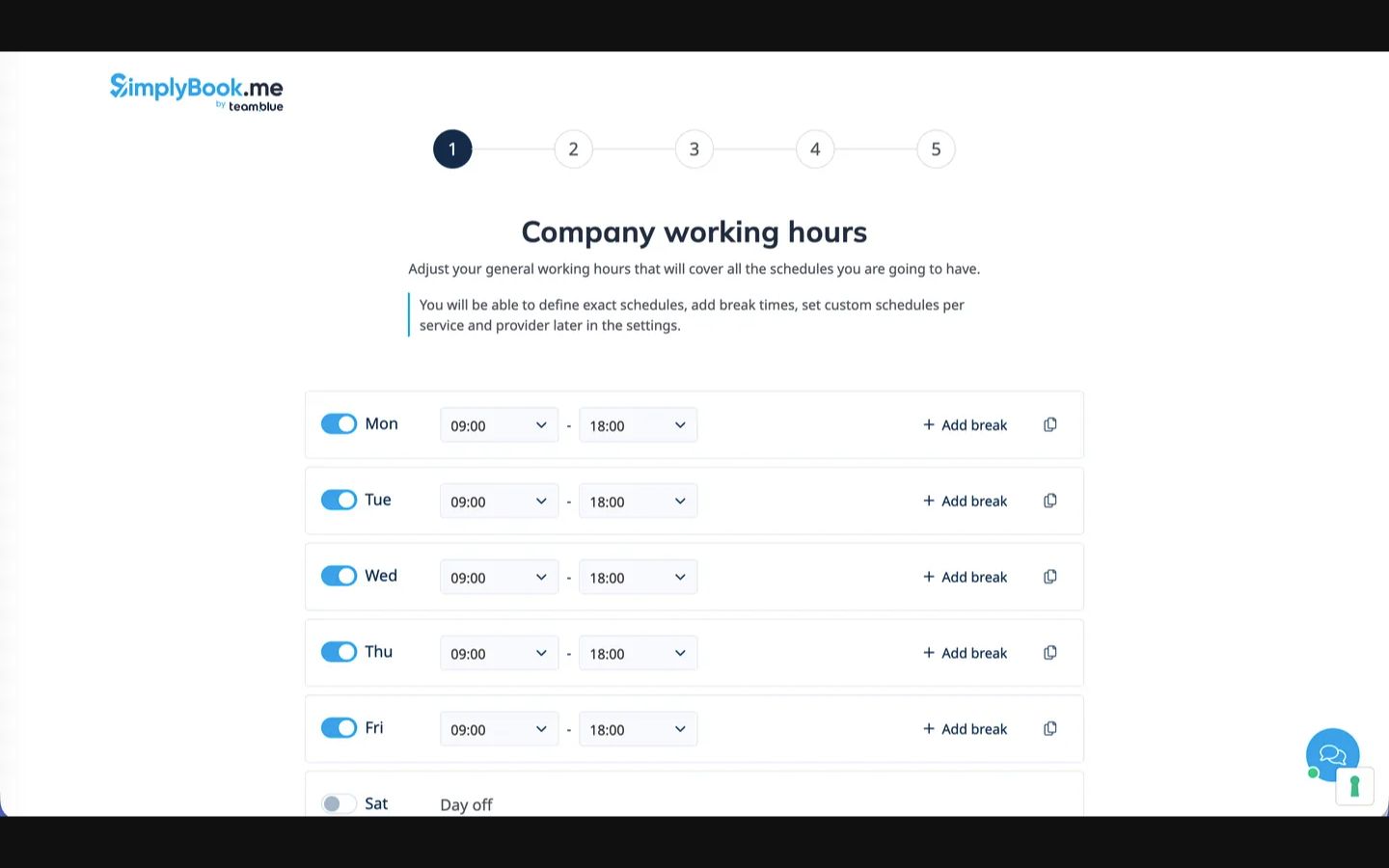 SimplyBook.meの営業時間設定画面