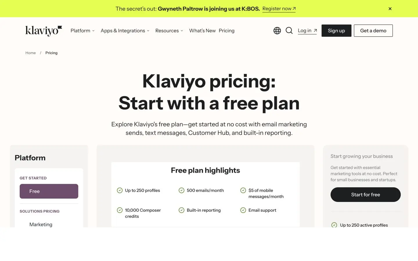 Klaviyo公式サイトの料金ページと無料プラン