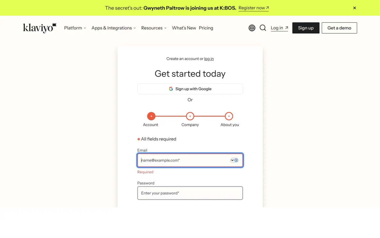 Klaviyoの無料アカウント登録開始画面