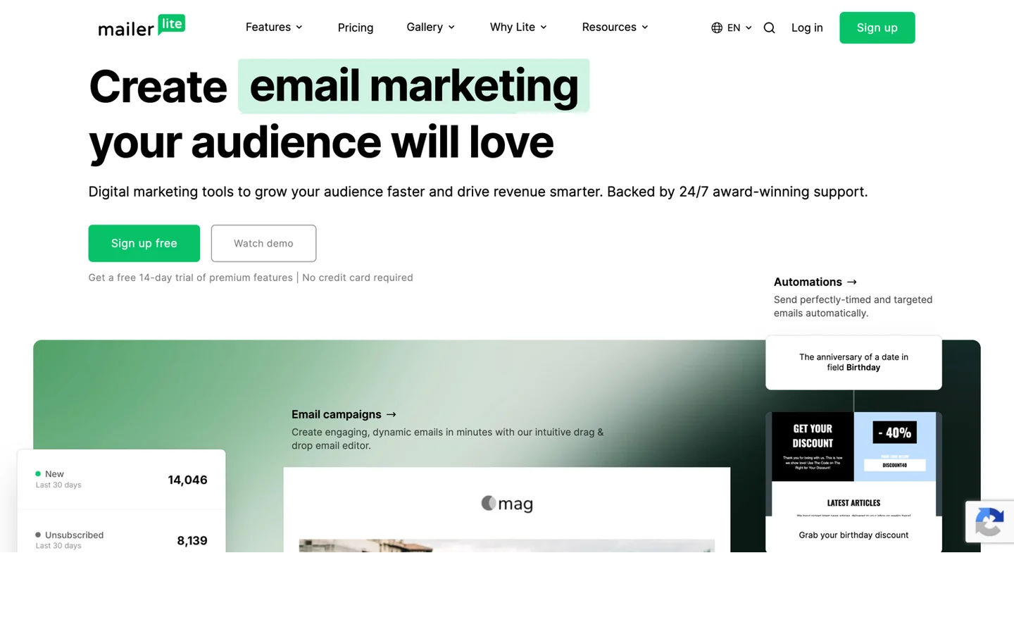 MailerLite公式サイトのトップページ