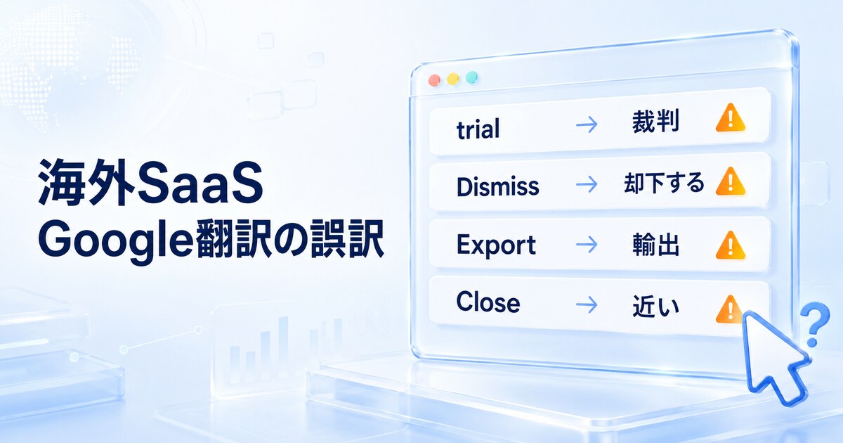 海外SaaSの管理画面でGoogle翻訳の誤訳を示すイラスト