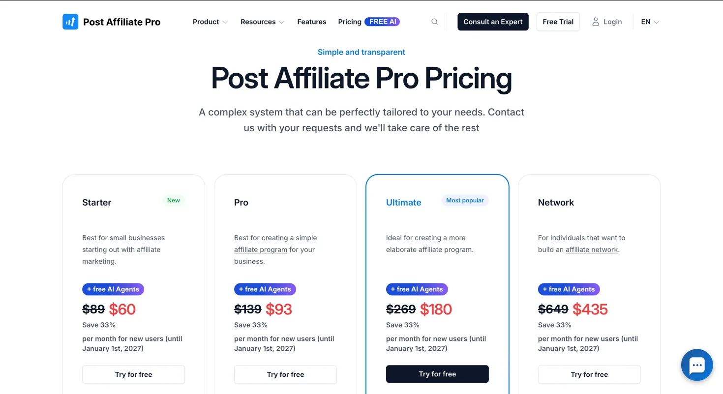 Post Affiliate Pro 料金ページ