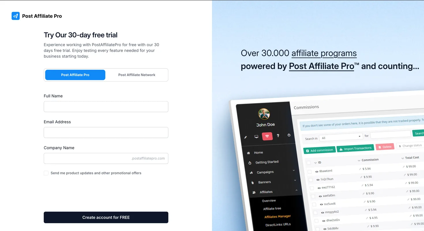 Post Affiliate Pro 申込ページ