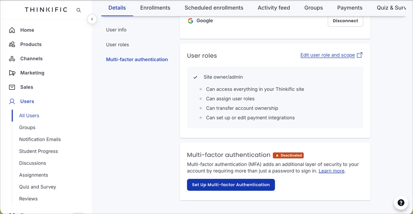Thinkificの二段階認証の設定画面。初期状態がDeactivated（無効）になっている
