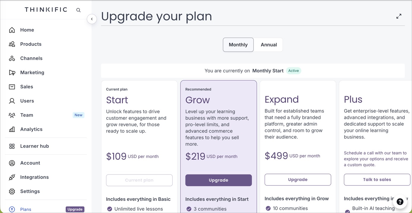 Thinkificの料金表・月払い表示。Basic・Start・Grow・Plusのプランと月額が並んでいる
