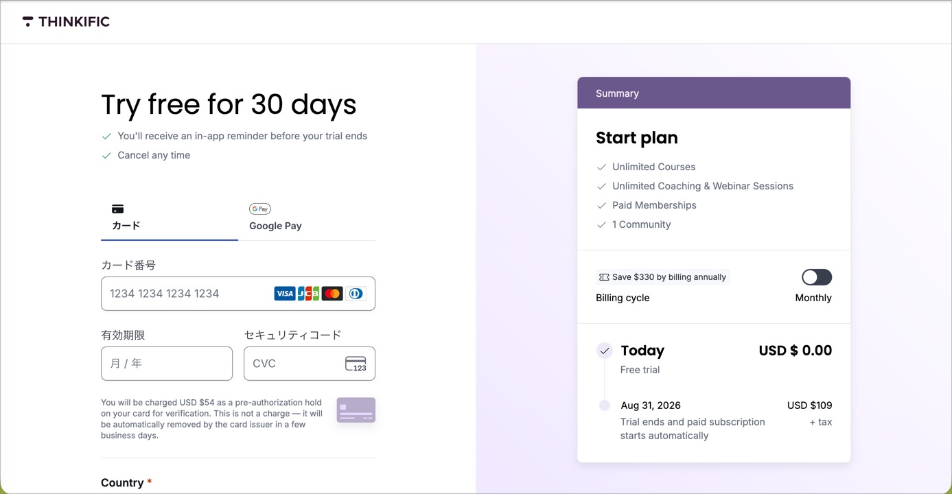 Thinkificの申込画面。カード情報の入力欄と、30日間無料・確認のため$54の仮売上が立つ旨の記載がある