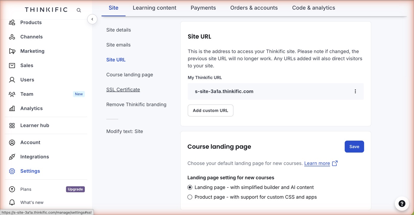 ThinkificのサイトURL設定画面。URLを変更すると旧URLが使えなくなる旨の記載がある