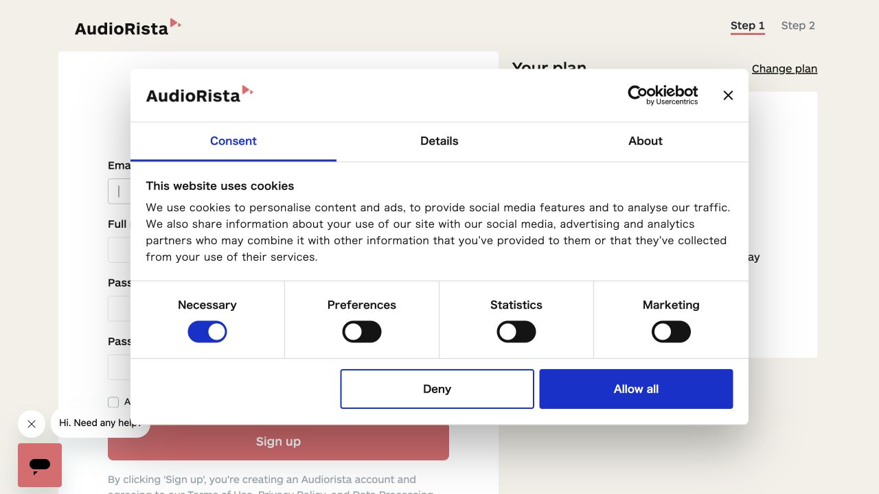 Audioristaの公開申込開始画面。入力・選択箇所を赤枠と番号で示す