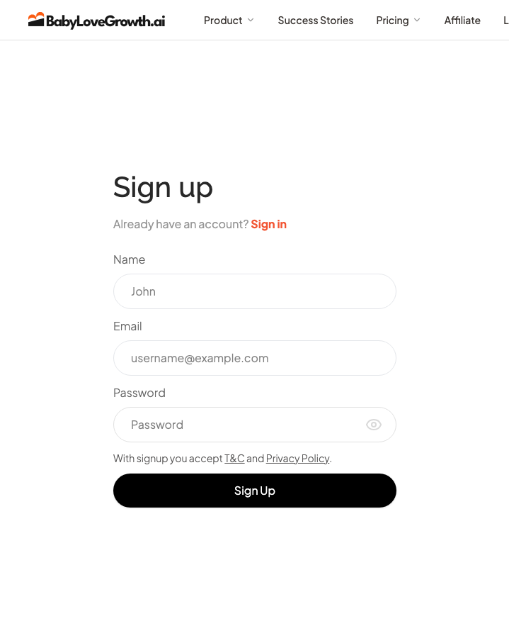BabyLoveGrowth.aiのメール登録画面。Name・Email・Passwordの入力欄、規約案内、Sign Upボタンを赤枠と番号で示す