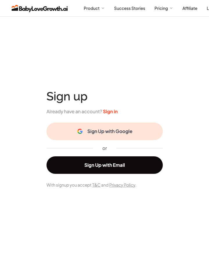 BabyLoveGrowth.aiのサインアップ画面。Sign Up with Google、Sign Up with Email、規約案内を赤枠と番号で示す