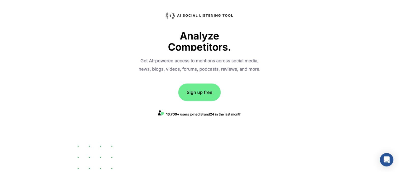 Brand24公式トップ。中央のSign up freeボタンを赤枠と番号で示す