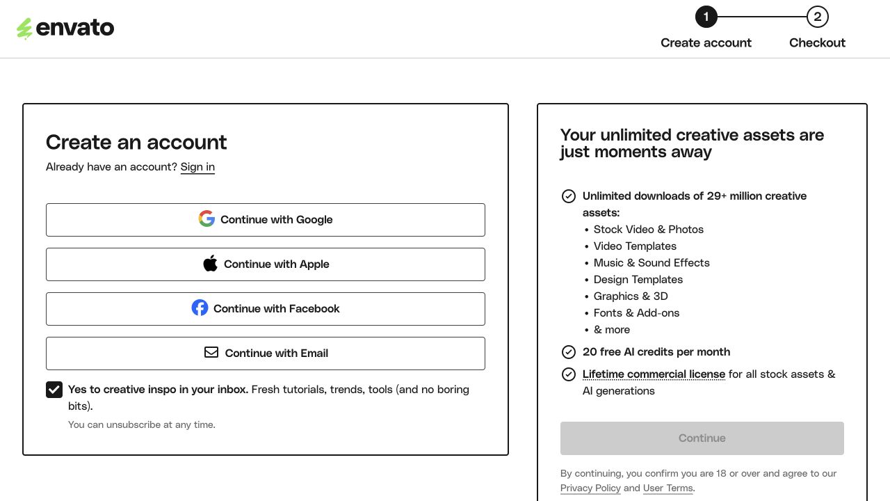 Envato Elementsの公開申込開始画面。入力・選択箇所を赤枠と番号で示す
