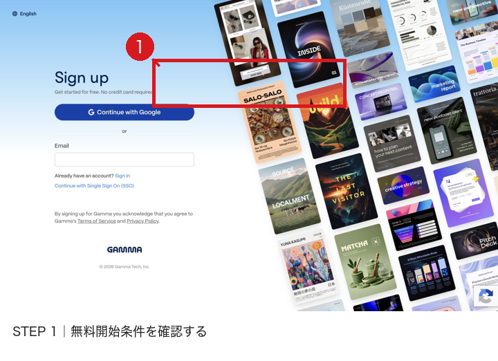 Gammaの申込画面で無料開始条件を赤枠・赤矢印・赤番号で示した画像