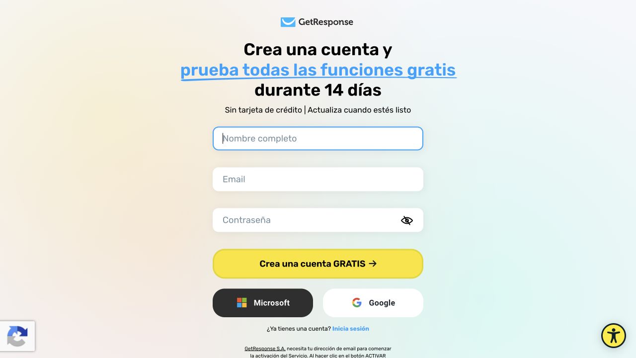 スペイン語表示のGetResponse申込画面で氏名、メール、パスワード、無料アカウント作成の位置を示す画像
