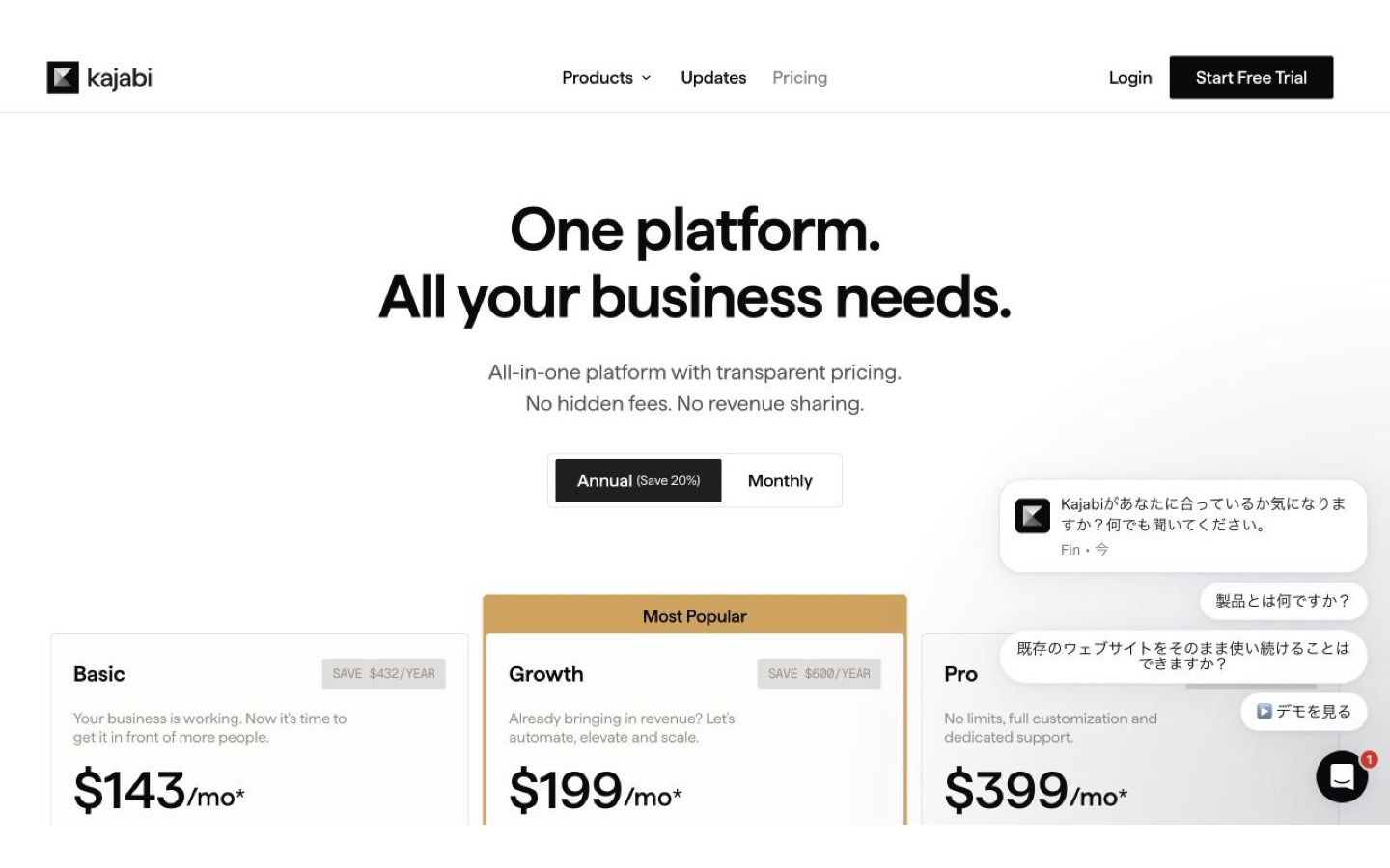 Kajabi公式料金ページのBasic・Growth・Proプラン比較