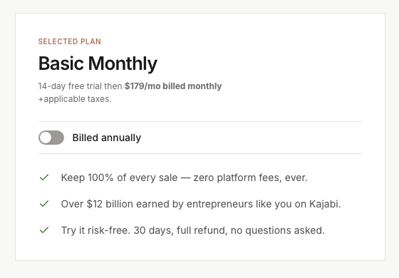 Kajabi申込画面のSELECTED PLANパネル。Basic Monthlyと14日間無料トライアル後の料金、Billed annually切替、30日返金保証を赤枠と番号で示す