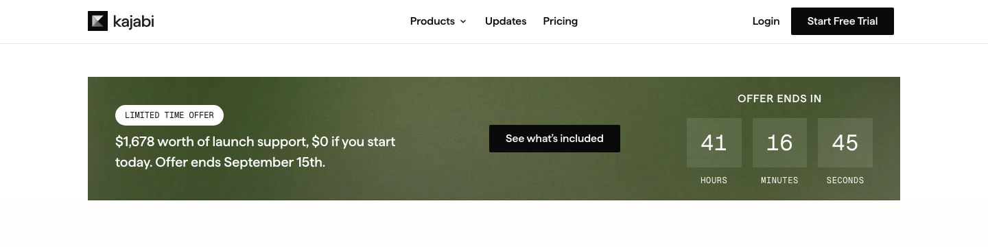 Kajabi公式サイトのヘッダー。右上のStart Free TrialボタンとPricingメニューを赤枠と番号で示す