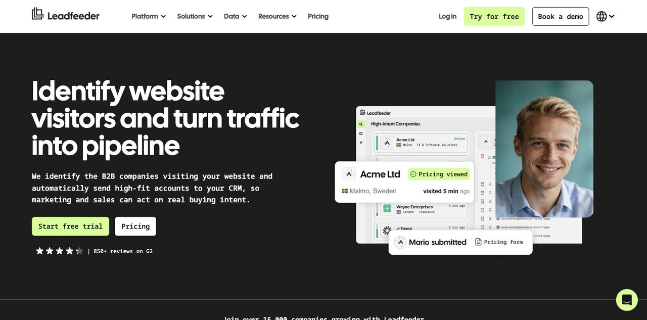 Leadfeeder公式Web VisitorsページのStart free trialボタンを示した画面