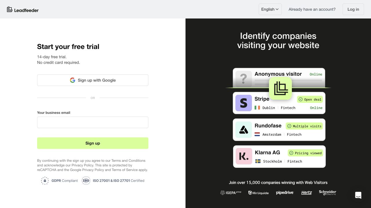 Leadfeederの申込開始画面でGoogle登録、仕事用メール欄、Sign upボタンを示した画面