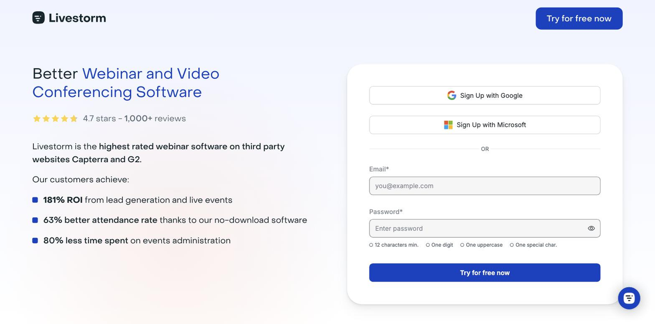 Livestorm公式トライアルページの申込フォーム。Google/Microsoft登録、メールとパスワード、Try for free nowボタンを赤枠と番号で示す
