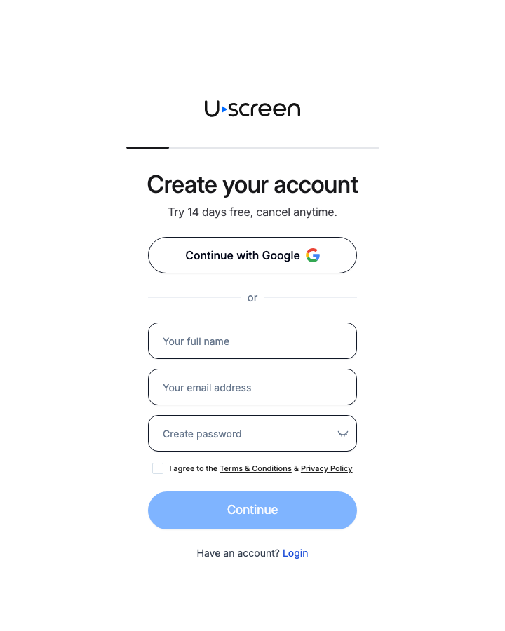 Uscreenのアカウント作成画面。Google登録、氏名・メール・パスワード、規約同意、Continueを赤枠と番号で示す