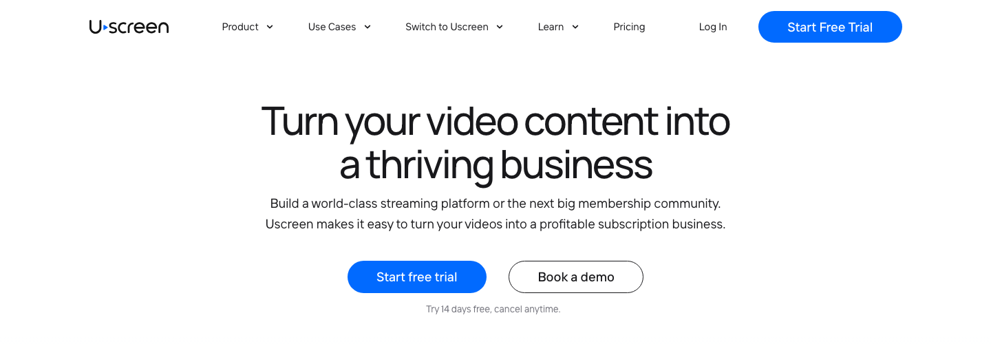 Uscreen公式トップ。Start Free Trialボタン、14日間無料の案内、Pricingメニューを赤枠と番号で示す
