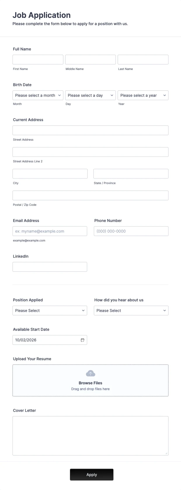 Jotform公式の採用応募フォームテンプレート例