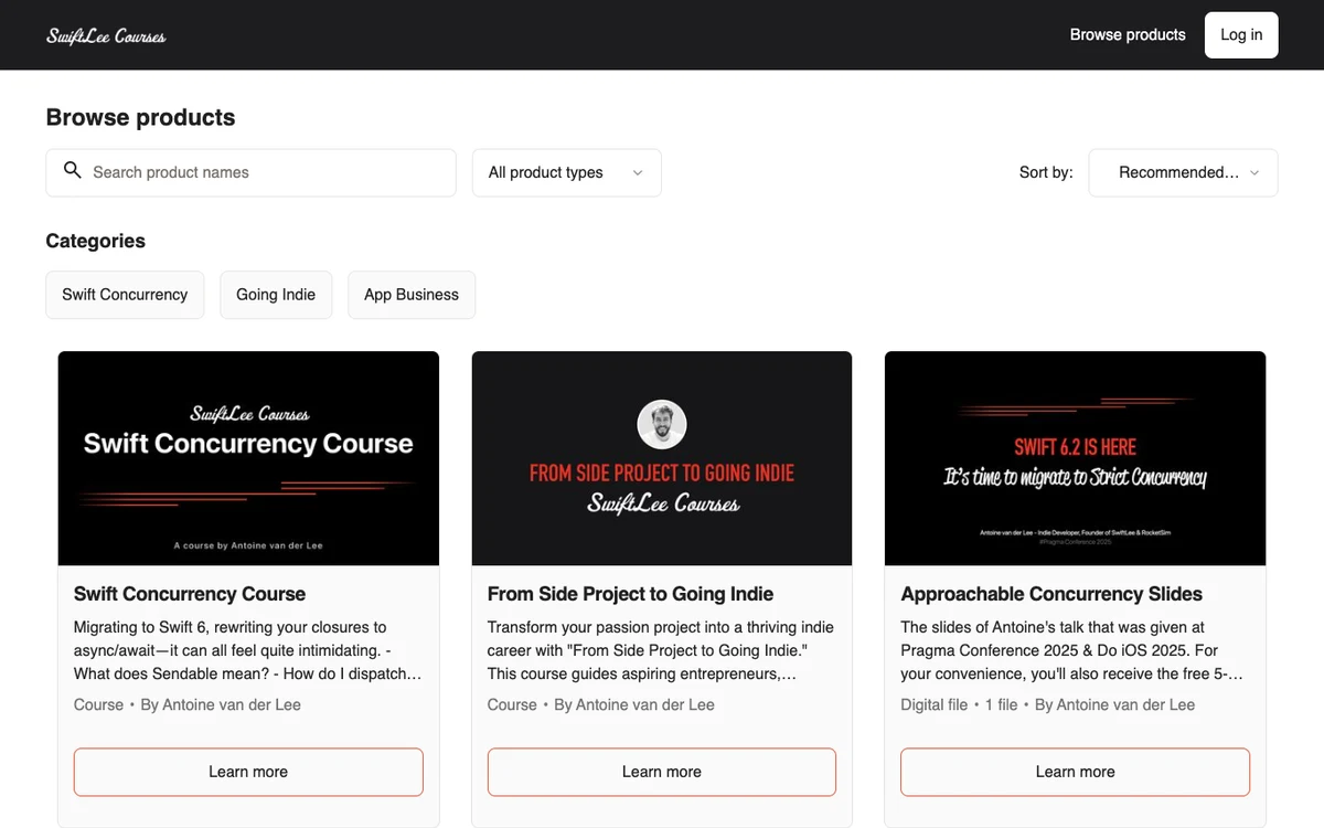 SwiftLee Coursesの公開サイト画面