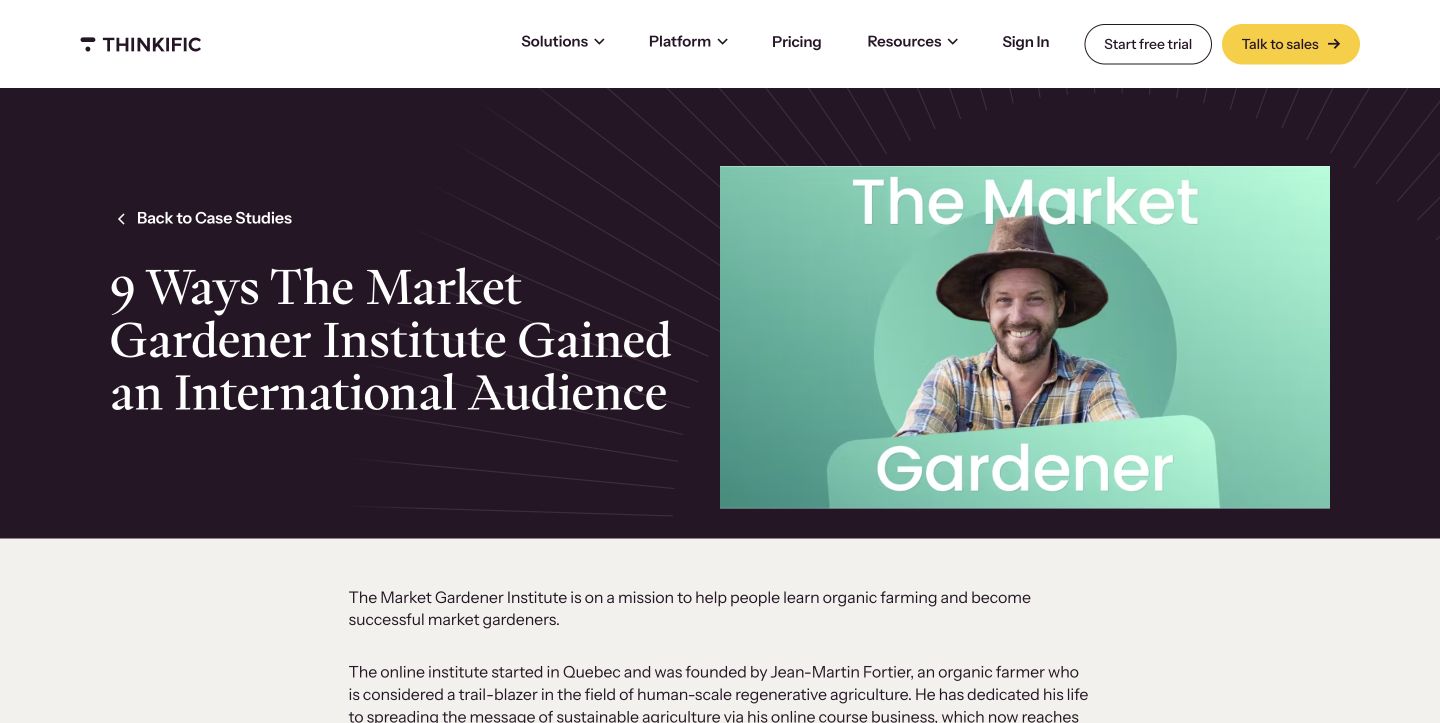 Thinkific公式のThe Market Gardener導入事例画面